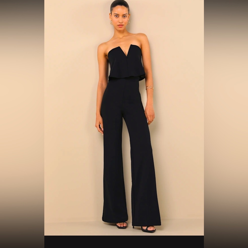 Lulu's Black Strapless Jumpsuit with Wide-Leg Design